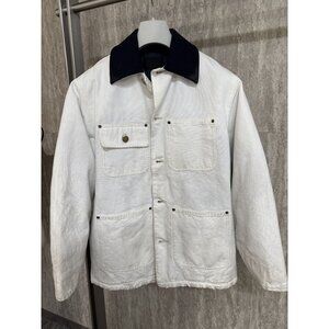 Prada Make Old models Dirty White Cotton Workwear Jacket With Black Corduroy Col